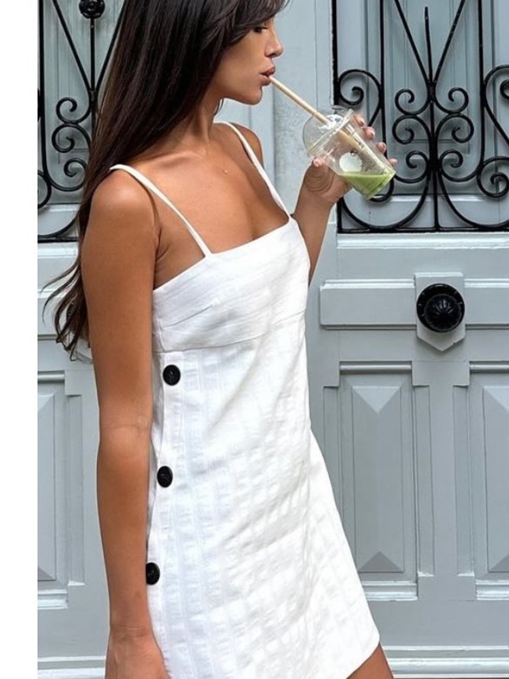 Cream Spaghetti-Strap Mini Dress with Side Buttons Minimalist Dress White Mini
